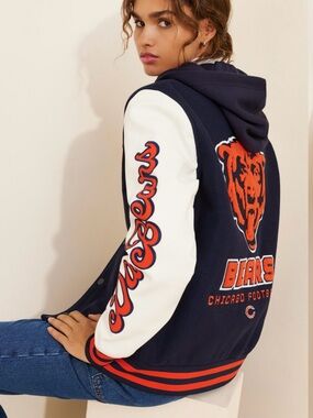 Wild Collective x Anthropologie Chicago Bears Varsity Letterman Hoodie Jacket